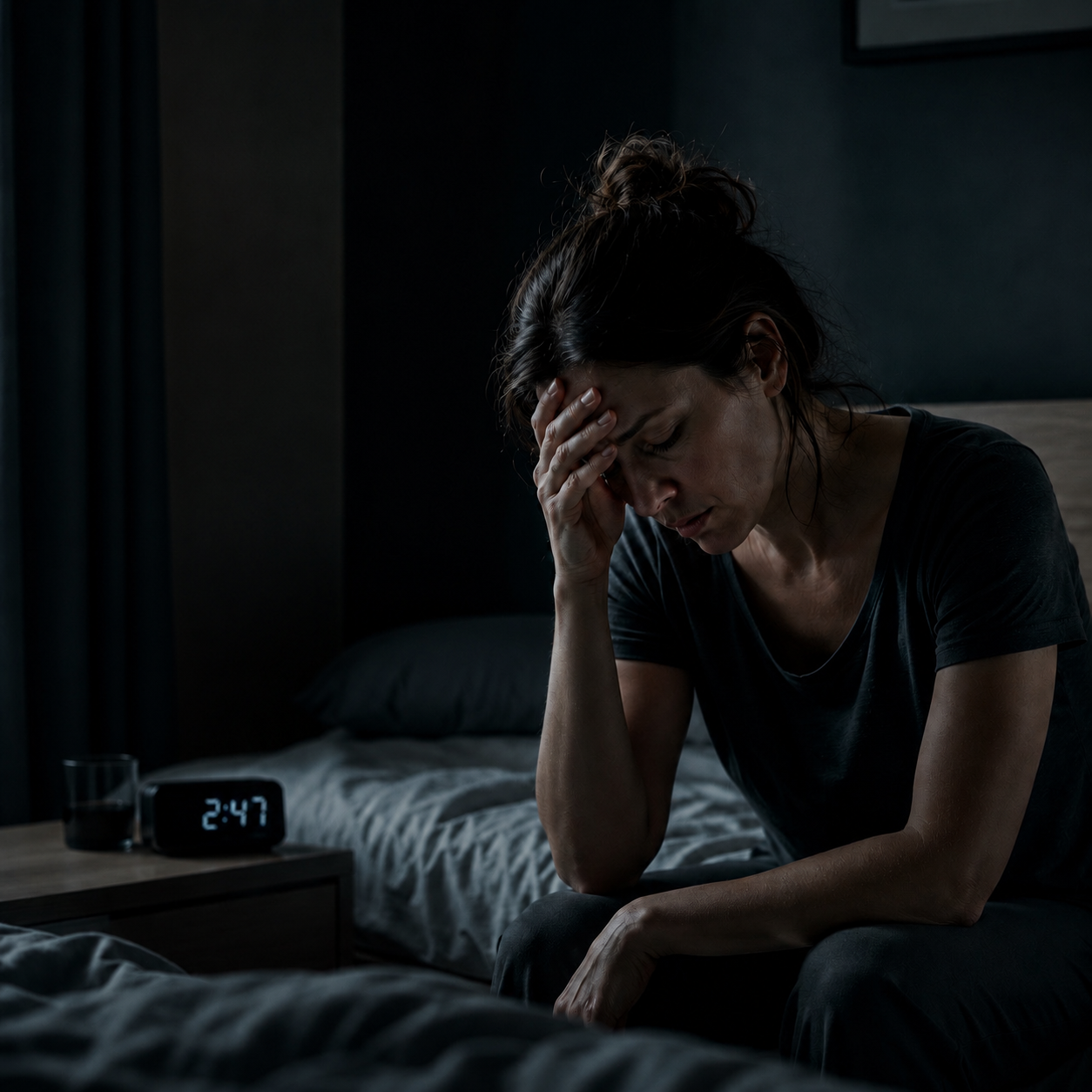 Mujer agotada sentada al borde de la cama a las 2:47 AM, incapaz de dormir